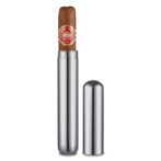 Stainless steel cigar tube with a Habana Cuba cigar sticking out; cap removed and standing beside.