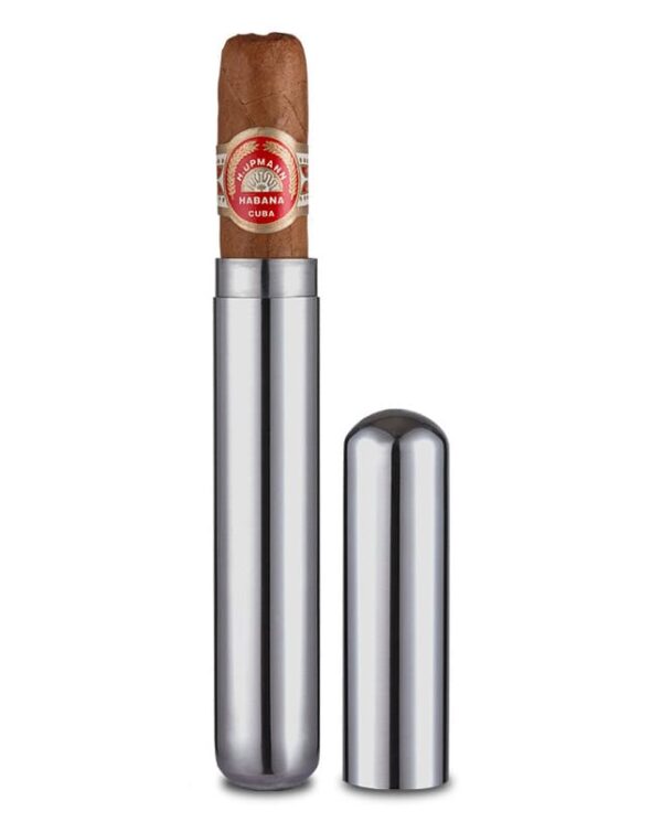 Stainless steel cigar tube with a Habana Cuba cigar sticking out; cap removed and standing beside.