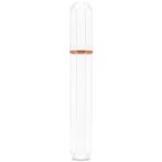Tall, faceted clear glass bottle with a copper-colored band around the neck.