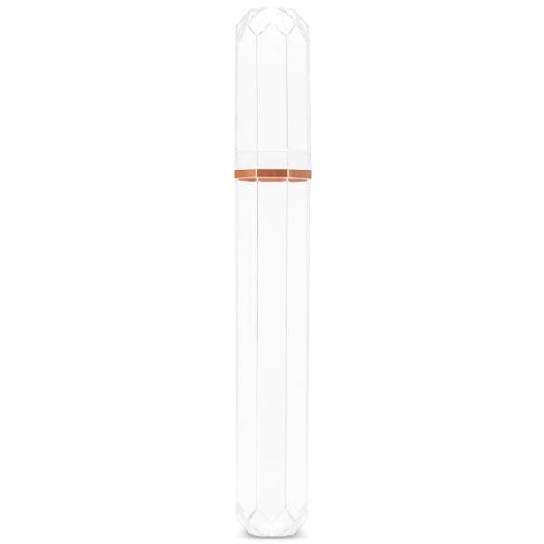 Tall, faceted clear glass bottle with a copper-colored band around the neck.