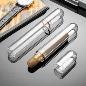 Crystal glass cigar tube set with a partially smoked cigar resting inside, logo in corner (CIGARLOONG).