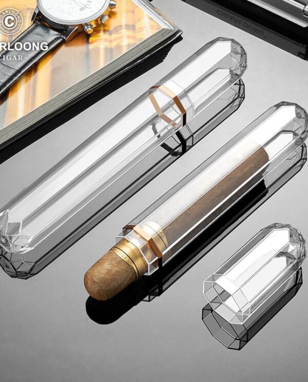 CL037 Crystal glass cigar tube set with a partially smoked cigar resting inside, logo in corner (CIGARLOONG).