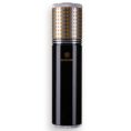 Black glossy cylindrical bottle with a silver-rimmed gold-checkered cap, branding visible on the front edge of the bottle.