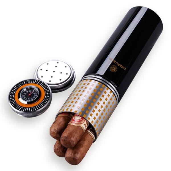 CL038-02 Black cylindrical cigar tube with a gold lattice sleeve, three cigars protruding from the open end, and two round caps beside it on a white background.