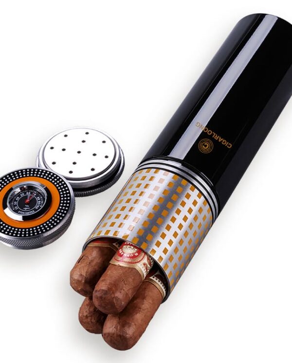 CL038-02 Black cylindrical cigar tube with a gold lattice sleeve, three cigars protruding from the open end, and two round caps beside it on a white background.