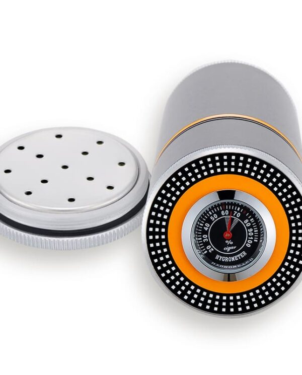 CL038-03 Cigar humidor hygrometer device with a perforated metal cap and a circular dial showing humidity around an orange ring.