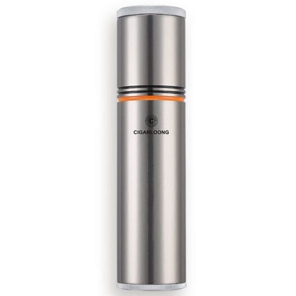 CL038-04 Stainless steel cylindrical cigar lighter standing upright with a textured top and orange ring near the middle; brand 'CIGARLOONG' visible on the body.
