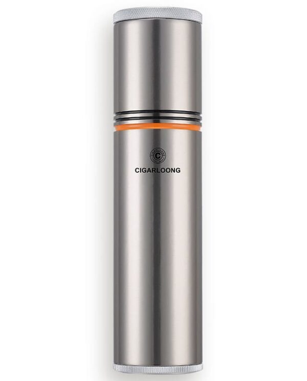 CL038-04 Stainless steel cylindrical cigar lighter standing upright with a textured top and orange ring near the middle; brand 'CIGARLOONG' visible on the body.
