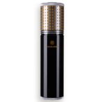 Black cylindrical perfume bottle with a gold checkered cap and subtle brand logo on the body