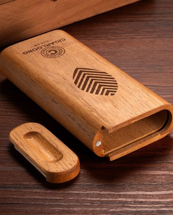 CL041-03 Wooden USB flash drive with its cap removed, revealing the USB connector on a wooden surface.