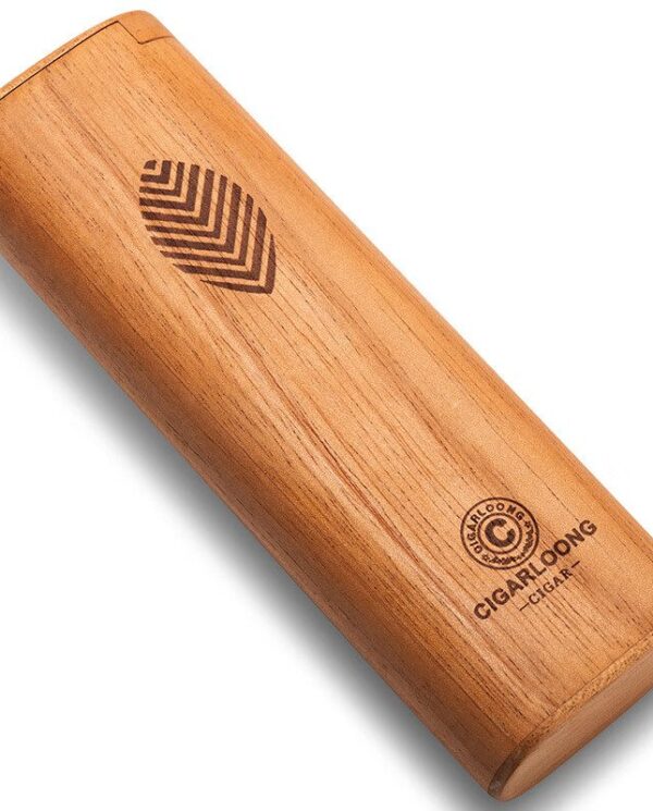 CL041-04 Wooden cylindrical cigar tube with a leaf-pattern emblem and branding stamp near the bottom.