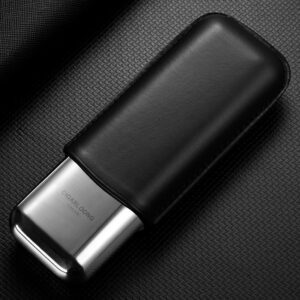 Luxury lighter sheathed in black leather resting on a textured dark surface.