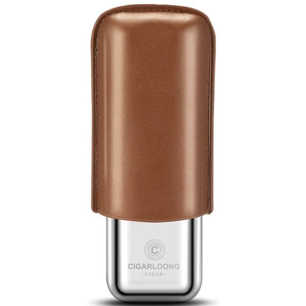 CL042-010 Cigar lighter with a brown leather cover and shiny silver base, branded CIGARLOONG CIGAR on the metal bottom.