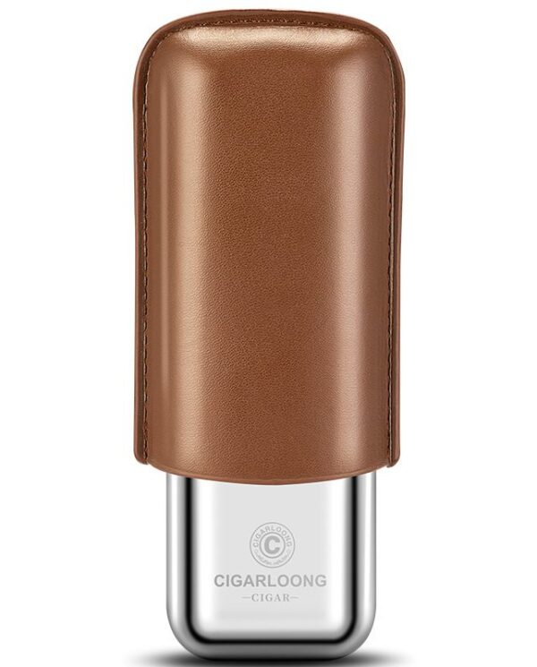 CL042-010 Cigar lighter with a brown leather cover and shiny silver base, branded CIGARLOONG CIGAR on the metal bottom.