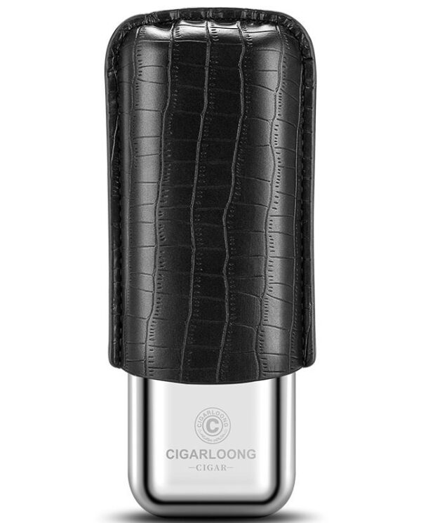 CL042-011 Black leather-wrapped lighter with a silver chrome base and the CIGARLOONG logo.