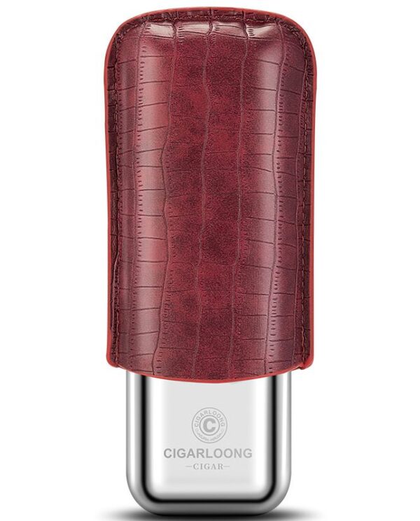 CL042-012 Cigar lighter with burgundy leather-wrapped body and a silver metal base, brand CIGARLOONG visible at bottom