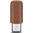 Cigar lighter with a brown textured leather cover over the top and a silver metal base showing brand engraving.