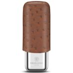 Cigar lighter with a brown textured leather cover over the top and a silver metal base showing brand engraving.