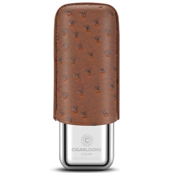 CL042-015 Cigar lighter with a brown textured leather cover over the top and a silver metal base showing brand engraving.