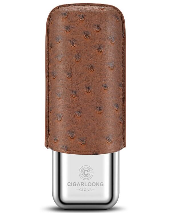 CL042-015 Cigar lighter with a brown textured leather cover over the top and a silver metal base showing brand engraving.