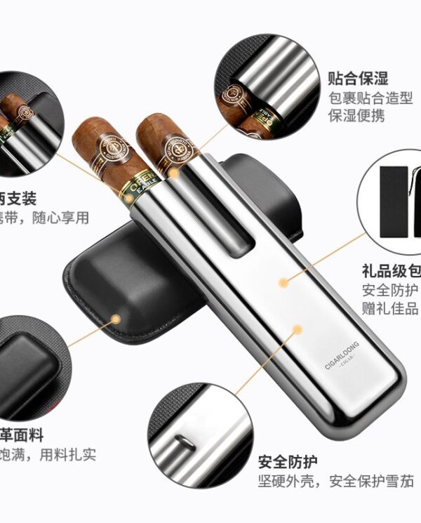 CL042-04 Double-barrel lighter with two cigars in a black leather case, highlighting portable design and gift packaging that emphasizes premium use.