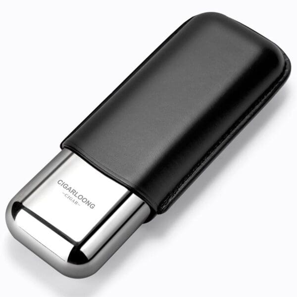 CL042-05 Metal lighter with a black leather sleeve, brand CIGARLOONG visible on the chrome lid.