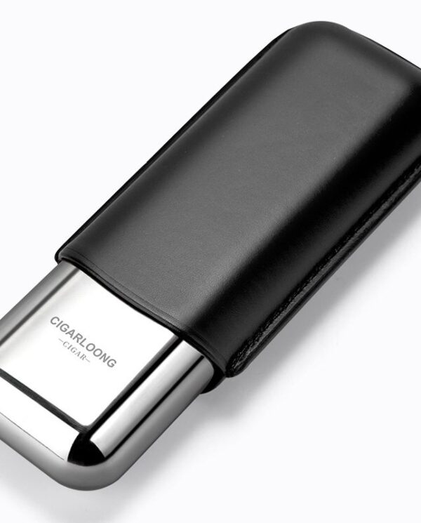 CL042-05 Metal lighter with a black leather sleeve, brand CIGARLOONG visible on the chrome lid.