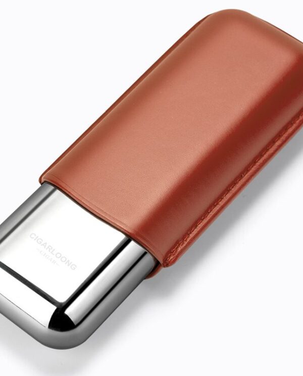 CL042-06 Close-up of a metal lighter wrapped in a brown leather sleeve, diagonally oriented on a white background