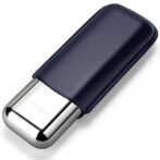 USB flash drive with navy blue leather cover and silver metal tip