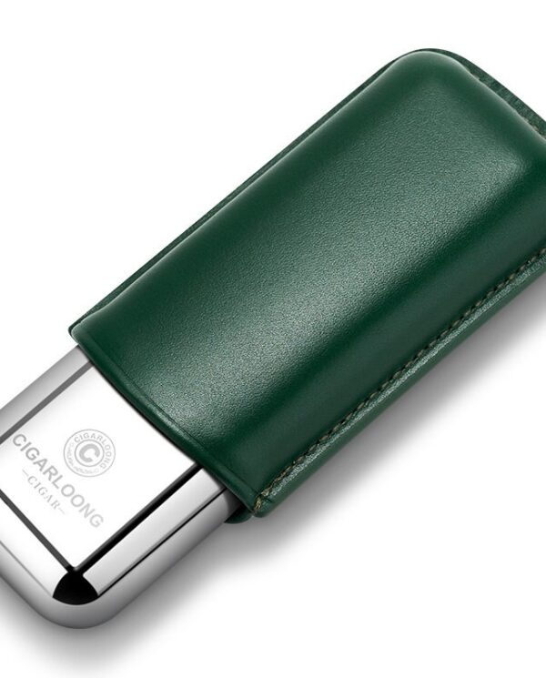 CL042-08 Green leather-covered metal lighter with a chrome bottom, shown at an angle.