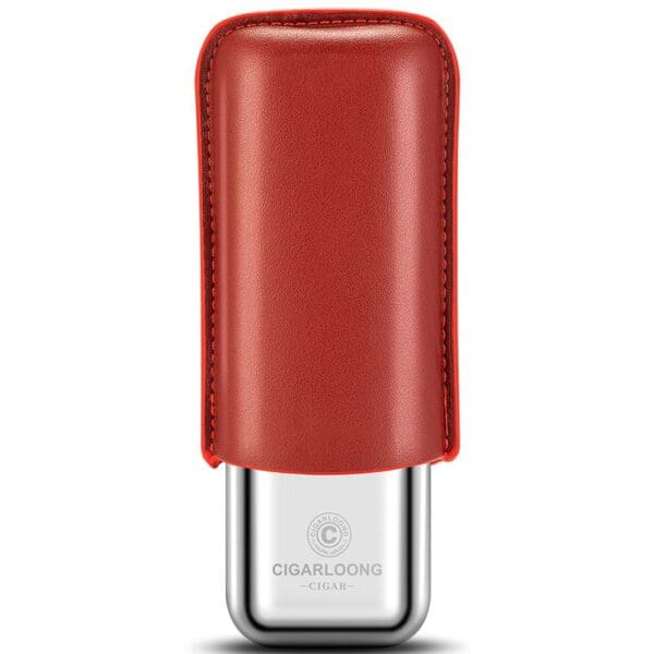 CL042-09 Lipstick-style cigar lighter with a red leather cover and a silver metal base showing a Cigarloong logo.