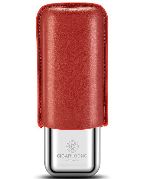 CL042-09 Lipstick-style cigar lighter with a red leather cover and a silver metal base showing a Cigarloong logo.