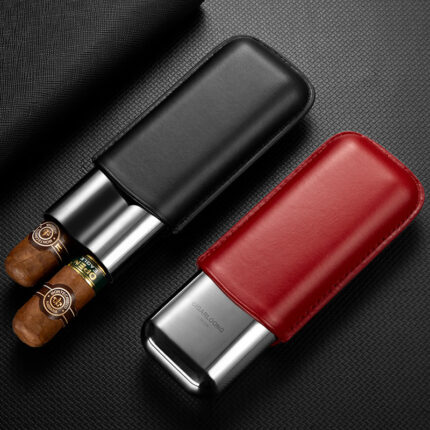 Black and red CigarLoong stainless steel and cedar wood cases for two cigars