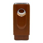 Brown leather sleeve with a circular metal bottle opener partially visible at the top.