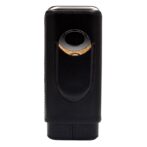 Lighter in a black leather case with a circular metal ignition ring at the top, viewed from the front.