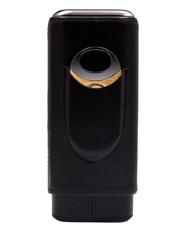 HY-3305L-05 Lighter in a black leather case with a circular metal ignition ring at the top, viewed from the front.