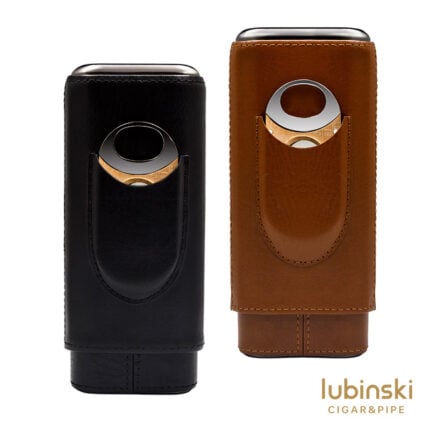 Black and bronze LUBINSKI leather and cedar wood three-cigar cases with cutter