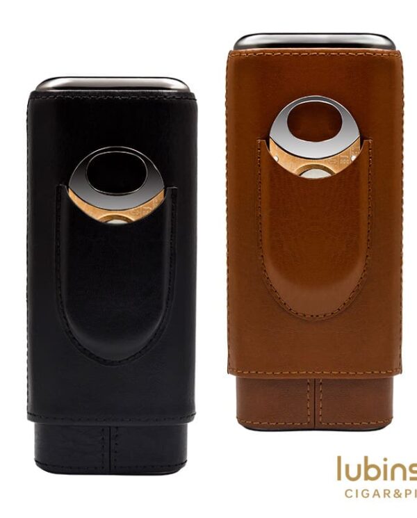 HY-3305L Two leather Lubinski cigar accessories in black and brown with a circular metal ring clasp at the top.