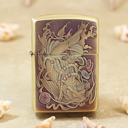 High-polish brass Zippo Armor lighter with engraved koi and dragon artwork