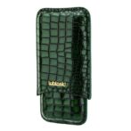 Green crocodile-embossed leather phone case with a flap and a small gold logo on the front.