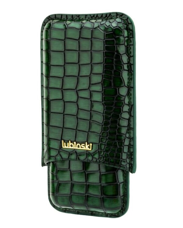 Green crocodile-embossed leather phone case with a flap and a small gold logo on the front.