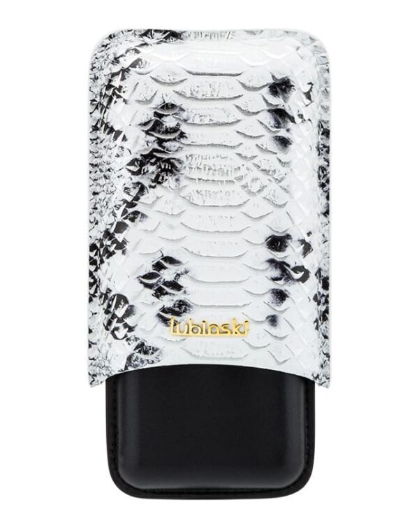 Metallic snakeskin-pattern lighter with a black bottom and a small gold brand logo in the center.