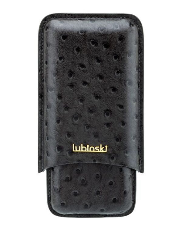 Black ostrich-textured leather case with a gold Lubinski logo on the front.