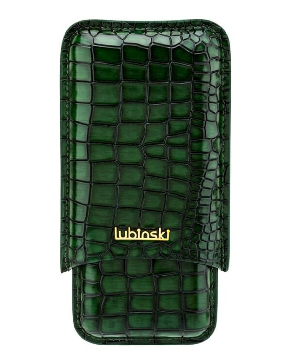 Green crocodile‑pattern leather phone case with a front flap and gold Lubiski logo
