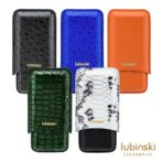 Five Lubinski cigar and pipe cases in black perforated, blue perforated, orange smooth, green crocodile, and white snakeskin textures.
