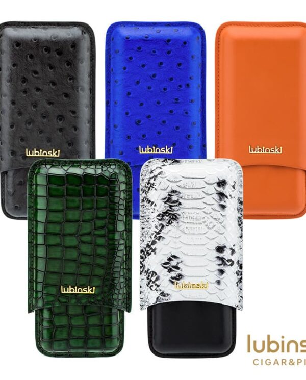 Five Lubinski cigar and pipe cases in black perforated, blue perforated, orange smooth, green crocodile, and white snakeskin textures.
