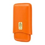 Bright orange textured leather cigar case with a woven pattern and a gold Lubinski logo plate in the center