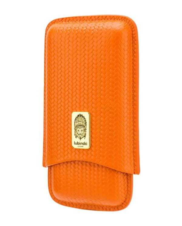 Bright orange textured leather cigar case with a woven pattern and a gold Lubinski logo plate in the center
