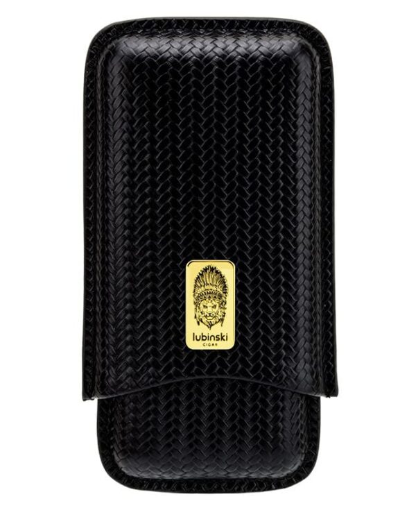 Black woven leather cigar case with a gold Lubinski logo on the front.