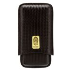 Black woven leather wallet with a curved flap and a gold crest badge on the front (Lubinski brand).